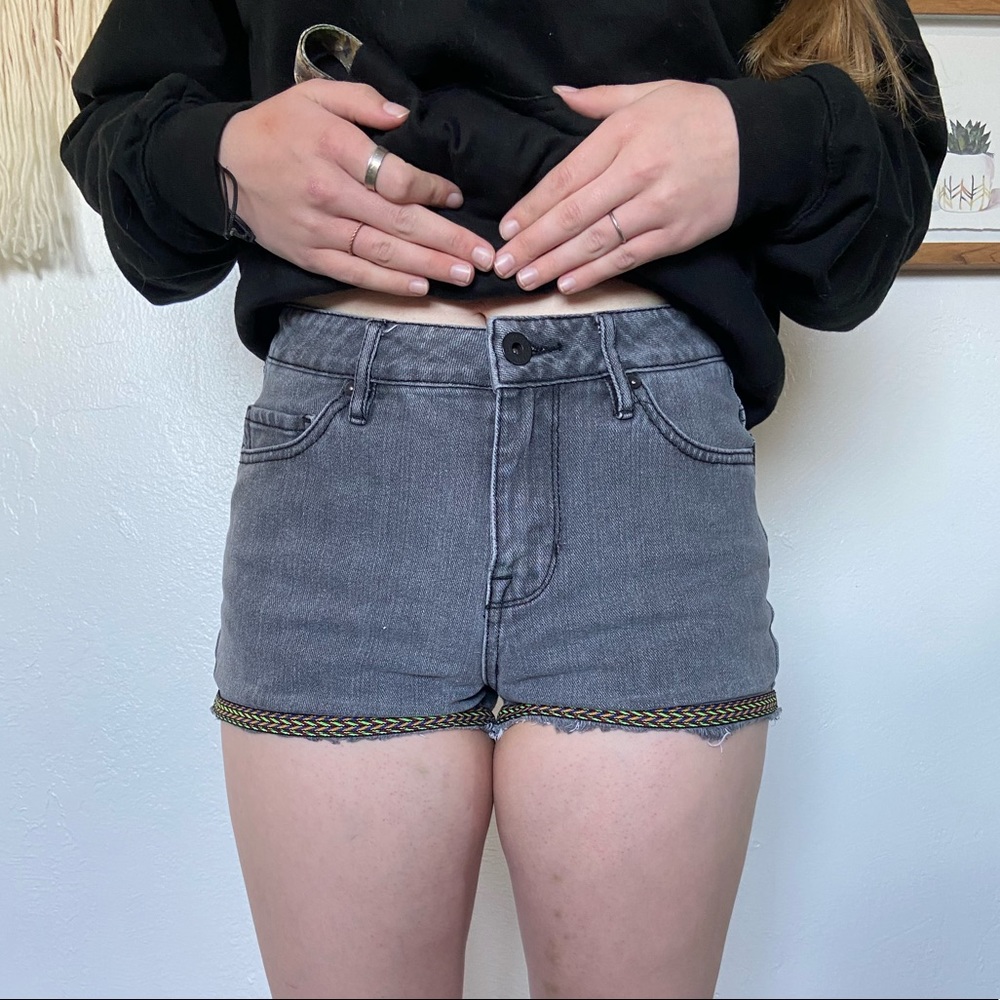 Embroidered Gray High Waisted Shorts